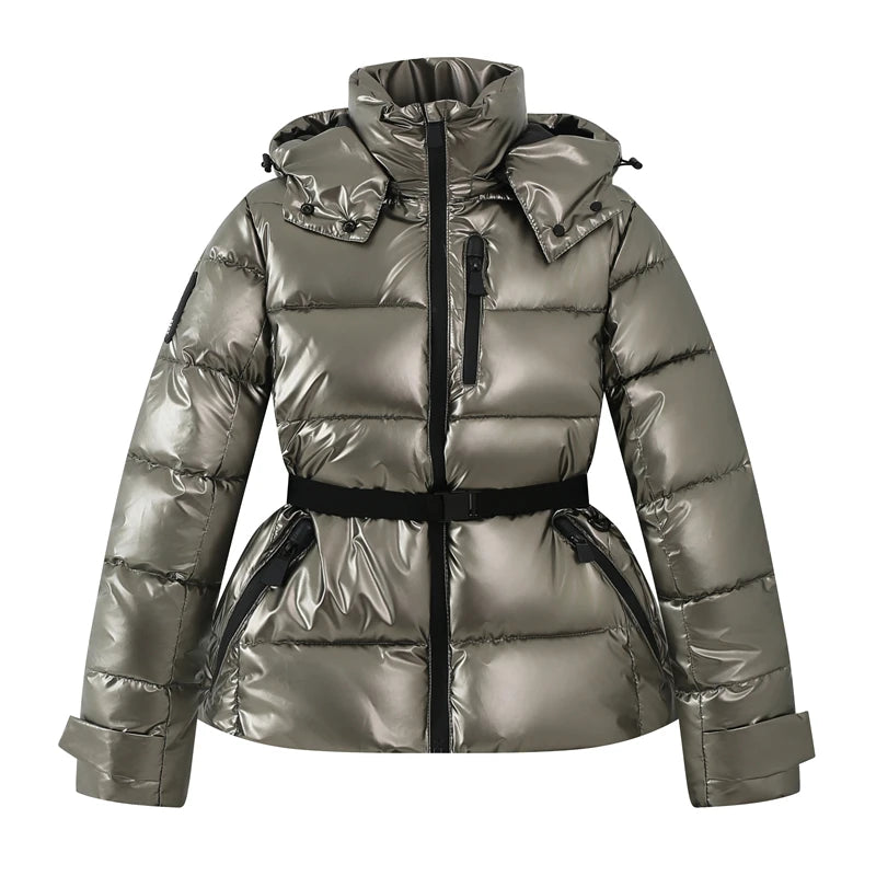 Metallic silver hooded puffer parka with black waist belt and zip pockets