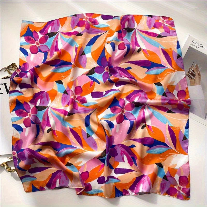 Unfolded square scarf with bright multicolor abstract floral print