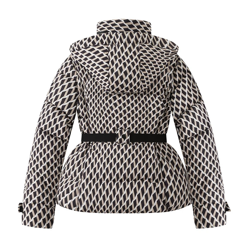 Back of women's geometric-print parka with hood and adjustable waist belt