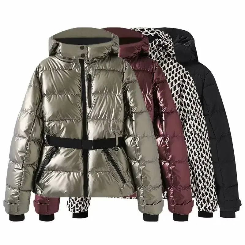 Women's padded winter parkas with high collars, zip fronts, waist belts, and side pockets in four colors