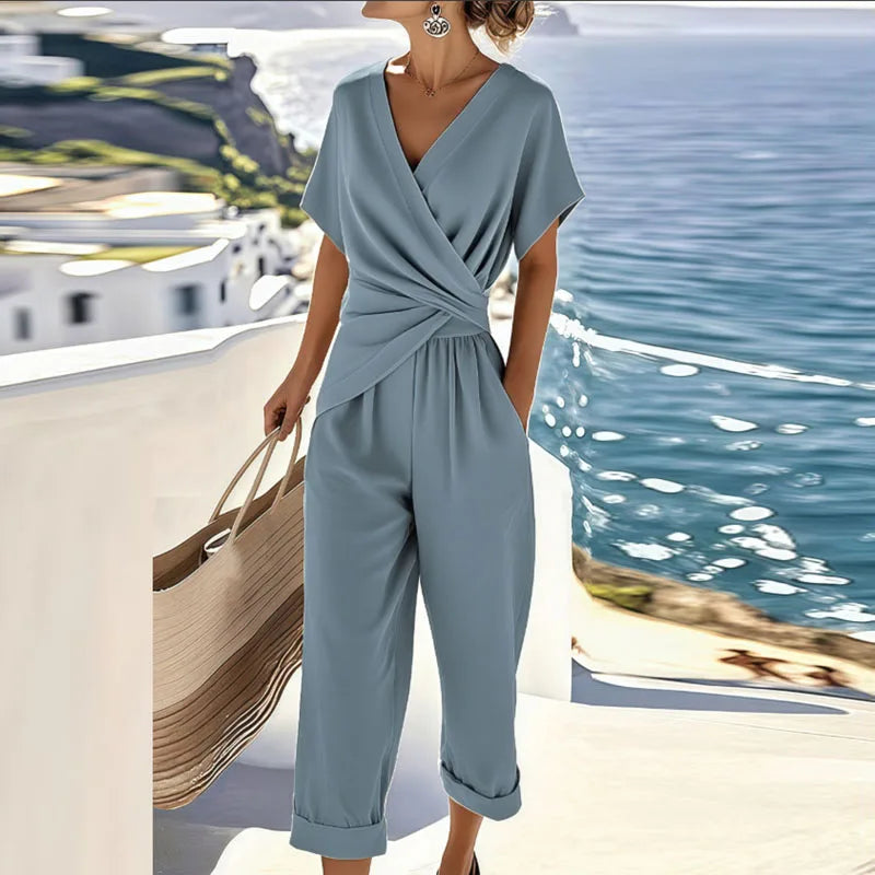 Women's dusty blue wrap-front twist top and cropped tapered pants set, short sleeves