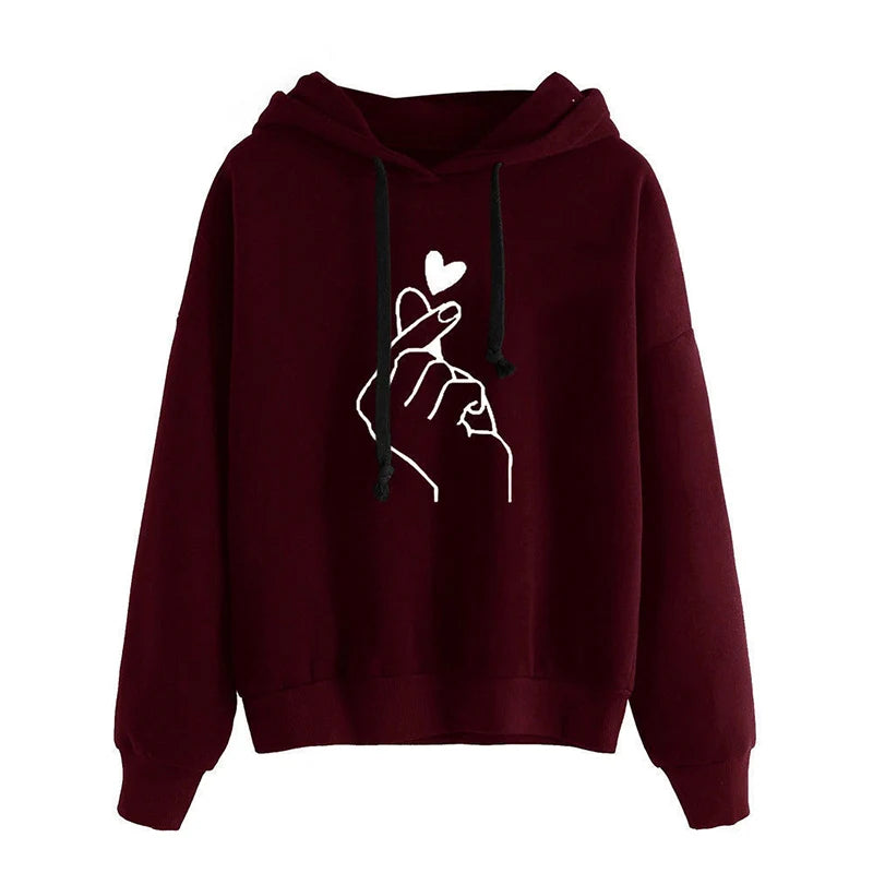 Wine red fleece hoodie with white finger-heart graphic and black drawstrings