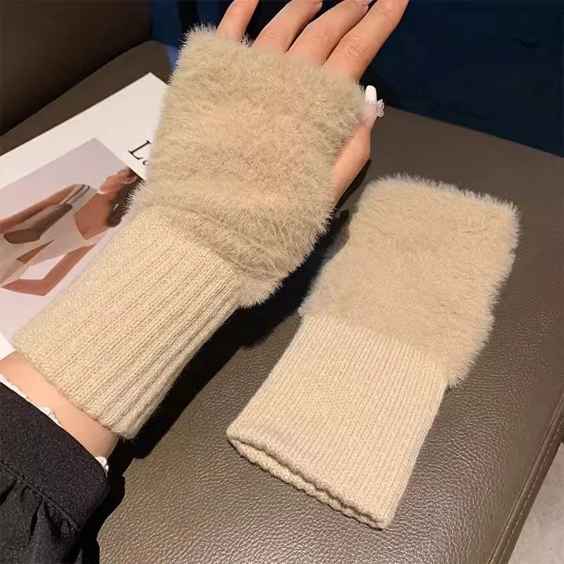Beige fingerless glove with a plush hand panel and long ribbed wrist cuff