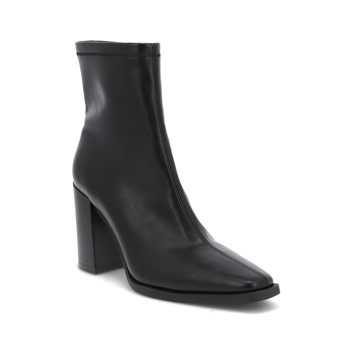 Black mid-calf ankle boots with chunky block heel and sleek leather upper