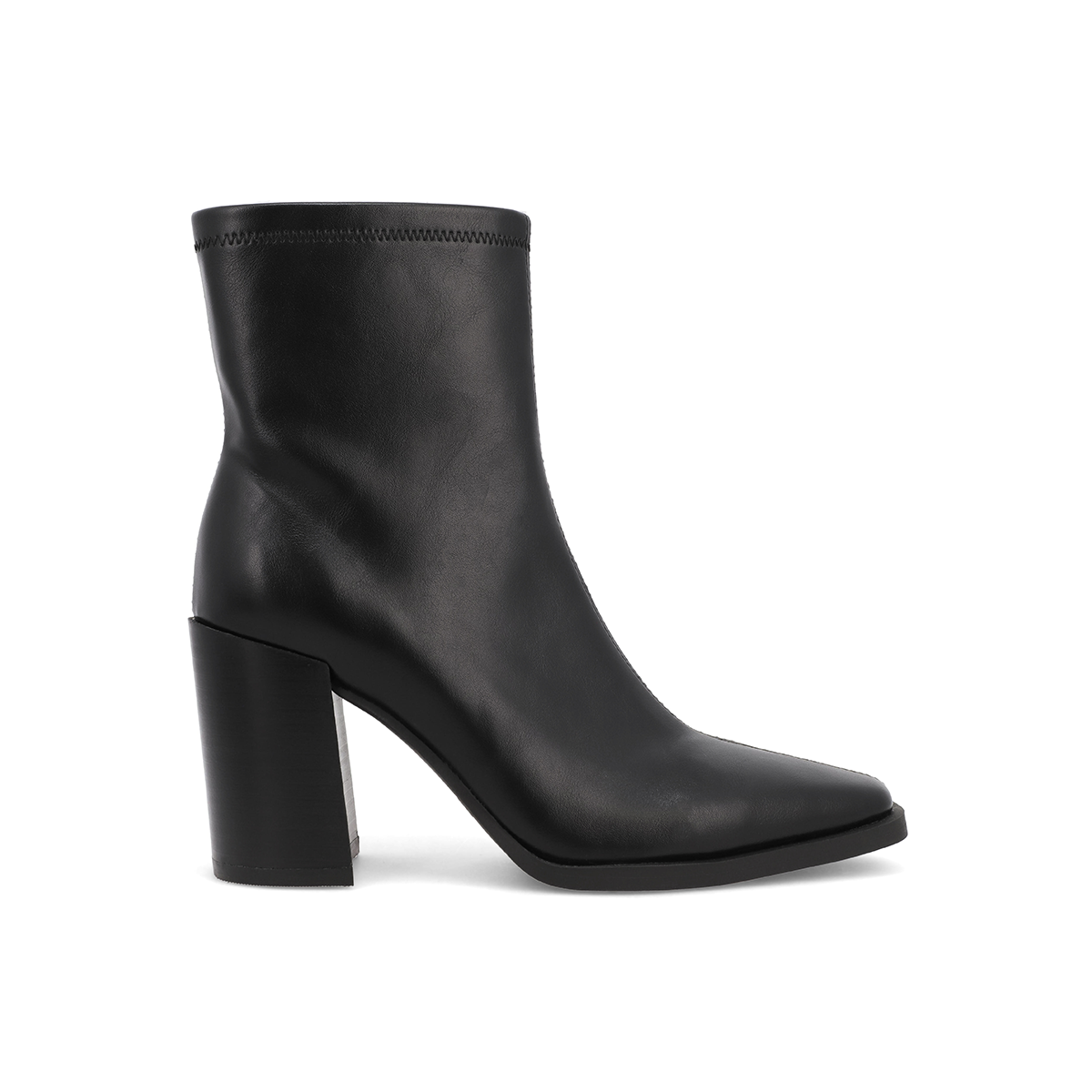 Black mid-calf ankle boots, side view, chunky block heel