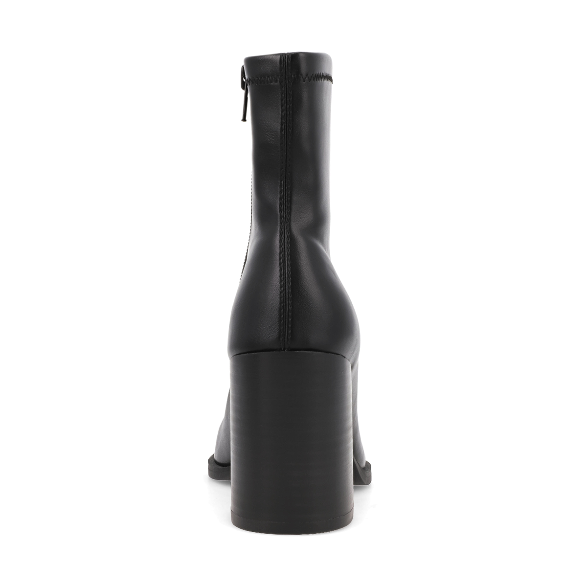 Black mid-calf ankle boots with pull tab and stacked block heel