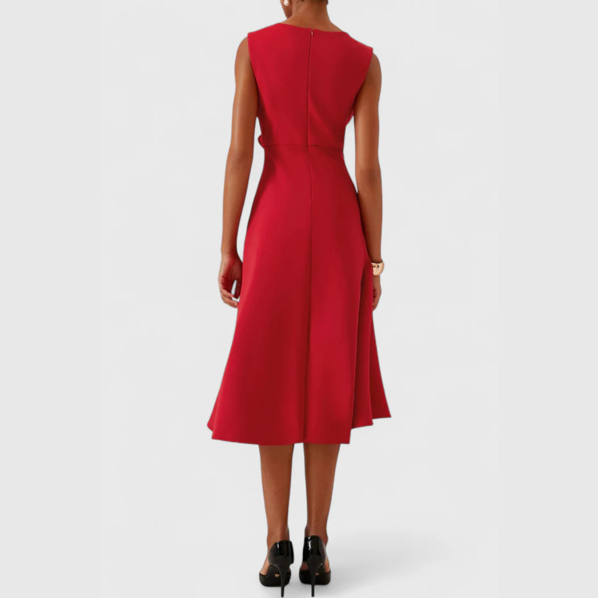 Sleeveless red midi dress with asymmetric ruffle, round neck, back view