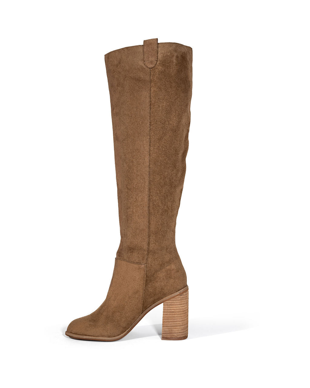 Camel slouch knee-high boot with block heel and wide pull-on top