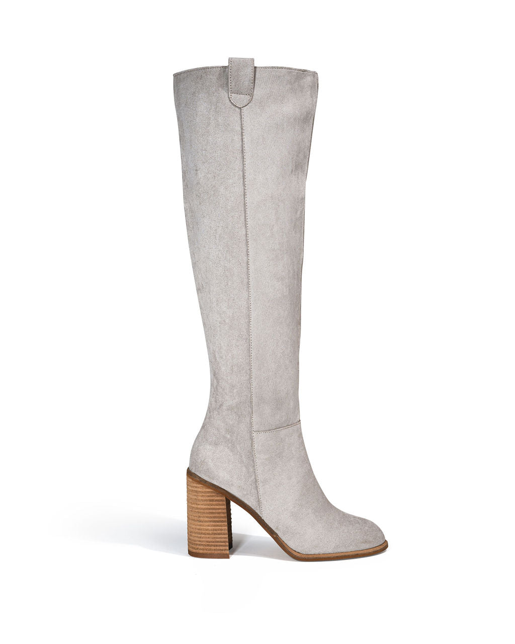 Light grey slouch boot with mid-calf shaft and block heel