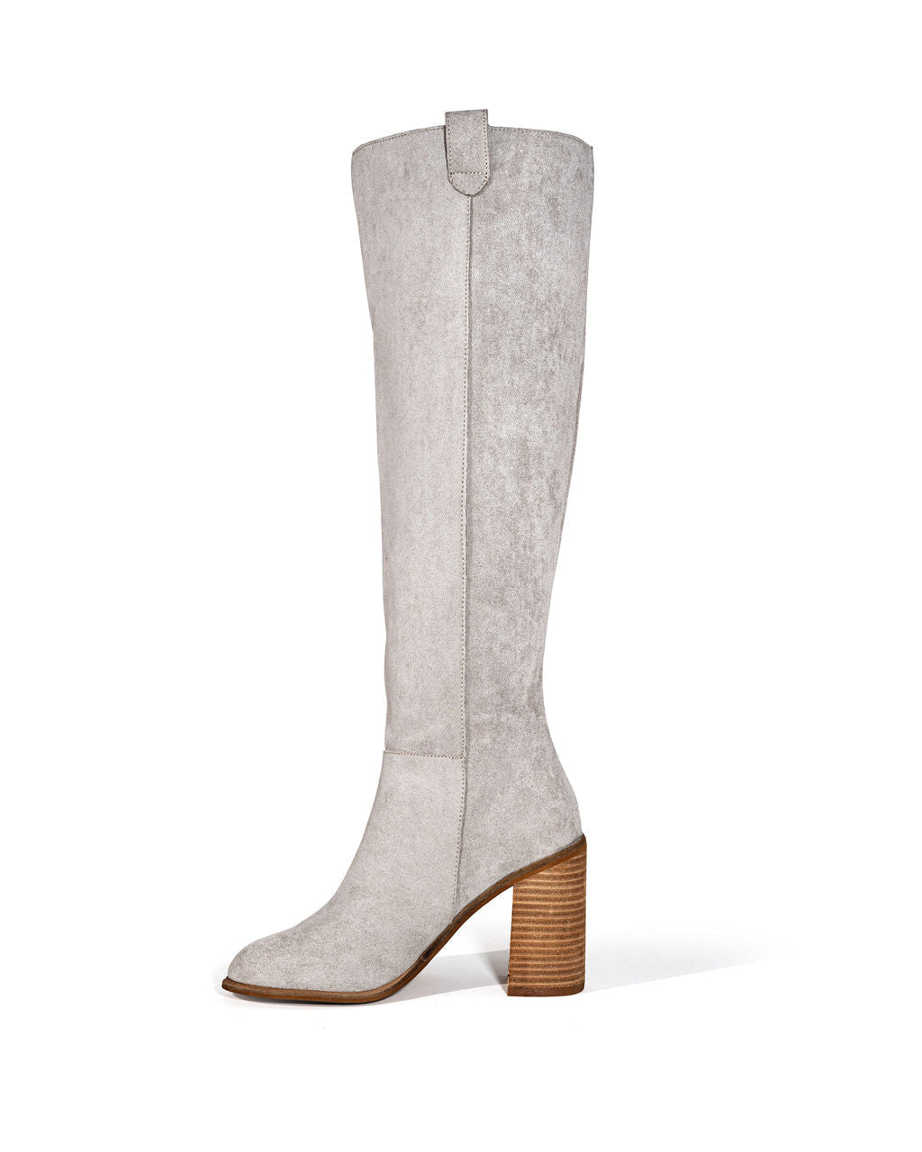 Light grey slouch boot with block heel and pull-on cuff