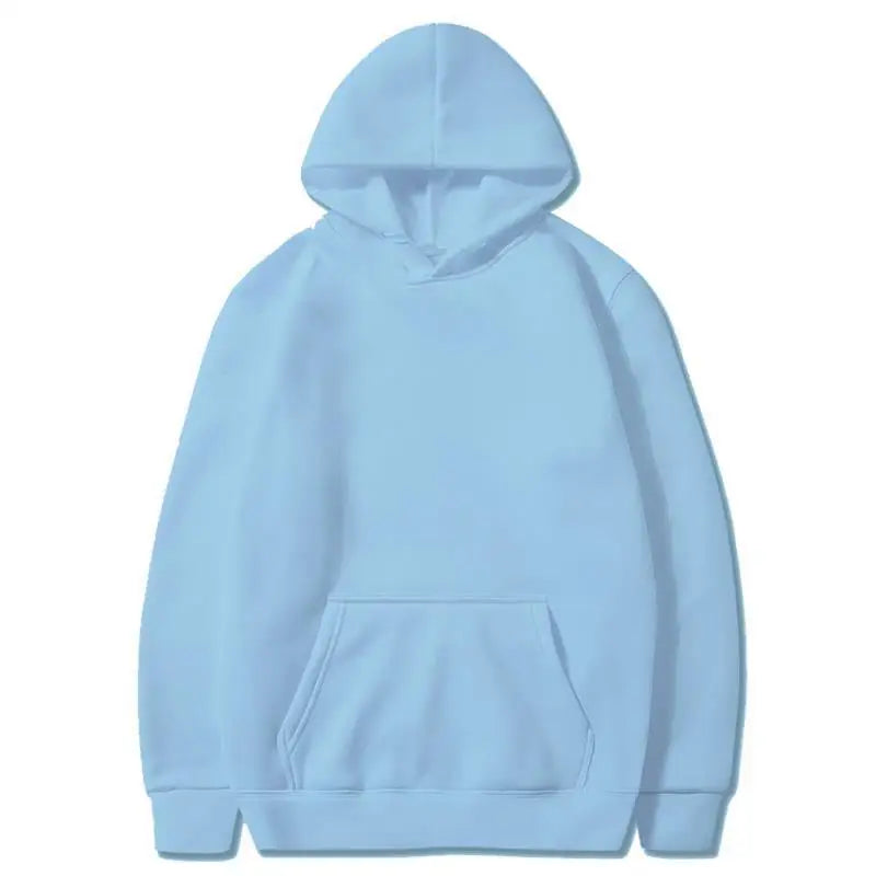 Women's sky blue pullover hoodie with a kangaroo pocket and ribbed cuffs