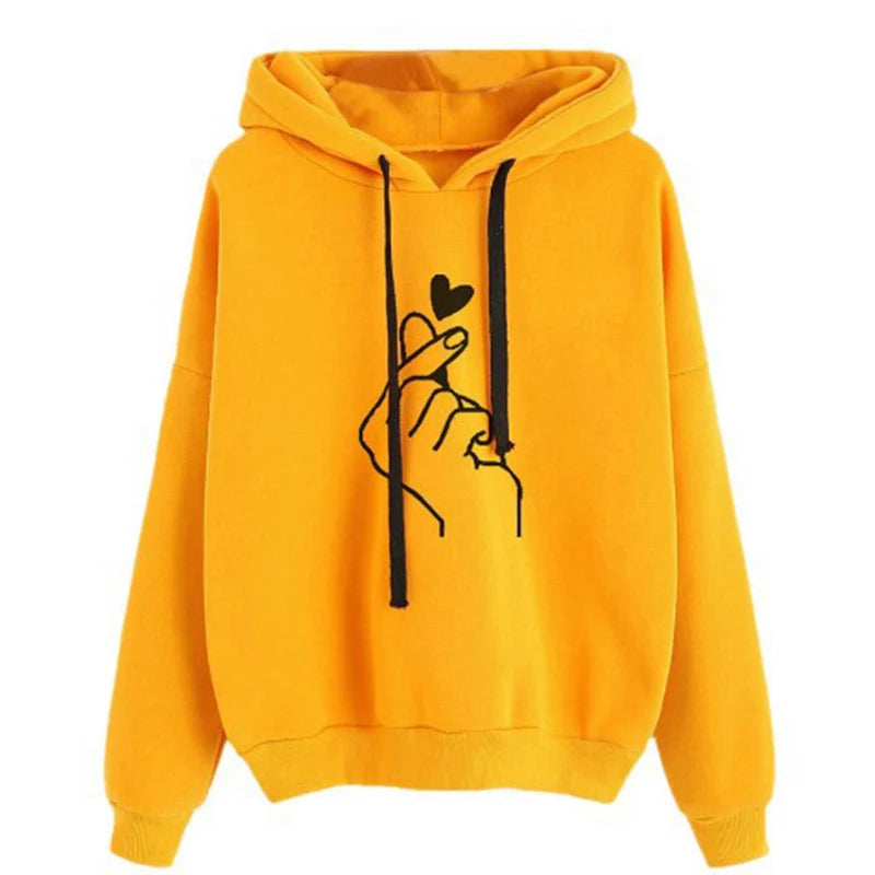 Yellow fleece hoodie with black drawstrings and finger-heart graphic