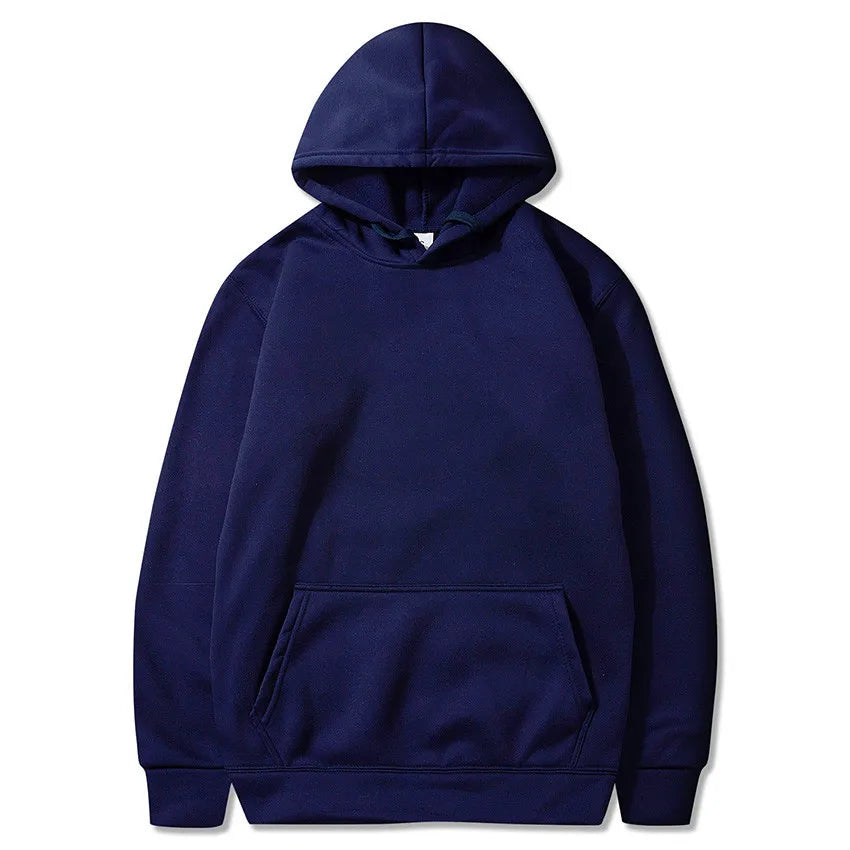 Navy blue pullover hoodie with long sleeves, a drawstring hood, and a front kangaroo pocket