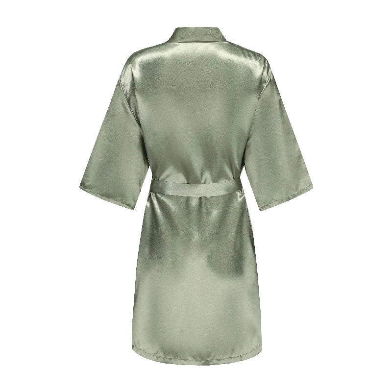 Sage green satin robe with short sleeves and a waist tie, plain back