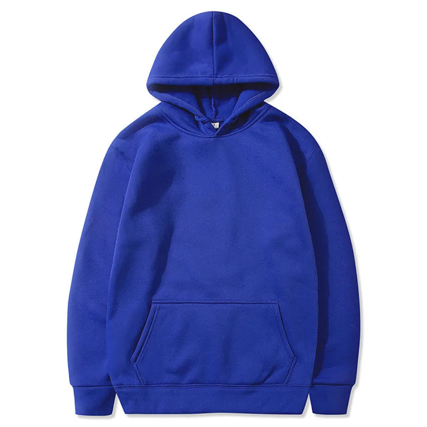 Royal blue pullover hoodie with long sleeves, a drawstring hood, and a front kangaroo pocket