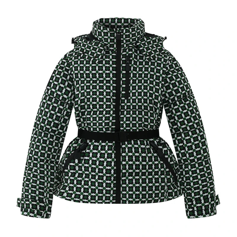 Green and black patterned hooded parka with belted waist and zipper