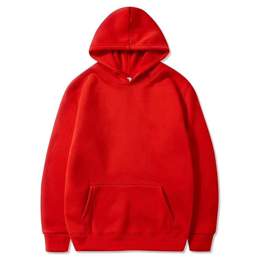 Red pullover hoodie with long sleeves, a drawstring hood, and a front kangaroo pocket