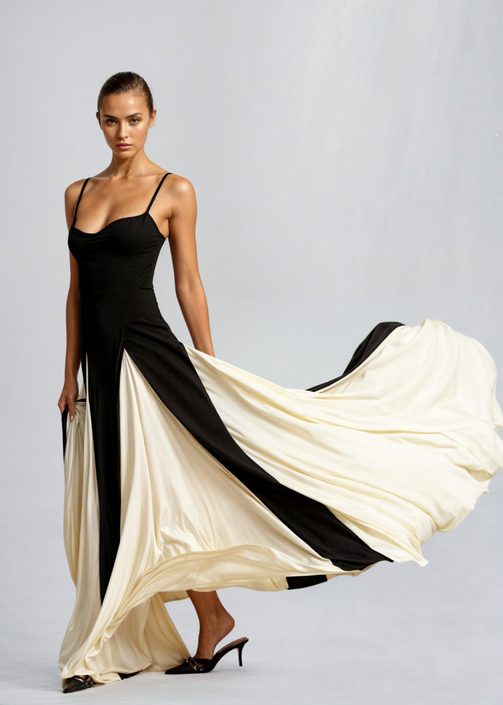 Black satin maxi dress with thin straps; cream-and-black colorblock panel skirt in motion