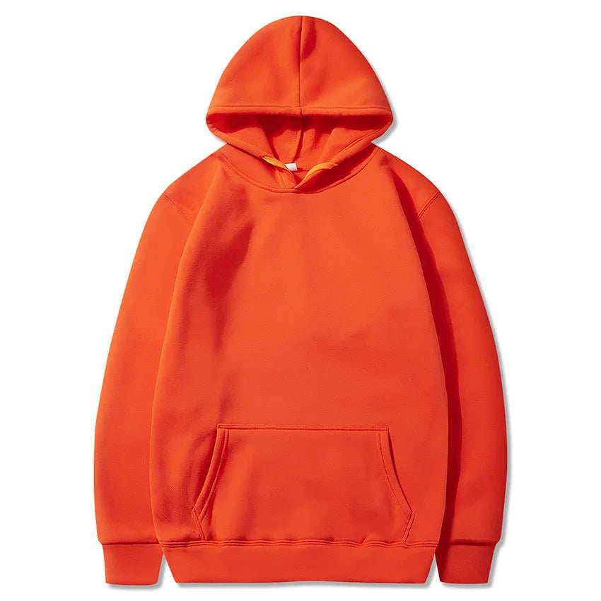 Orange pullover hoodie with long sleeves, a drawstring hood, and a front kangaroo pocket