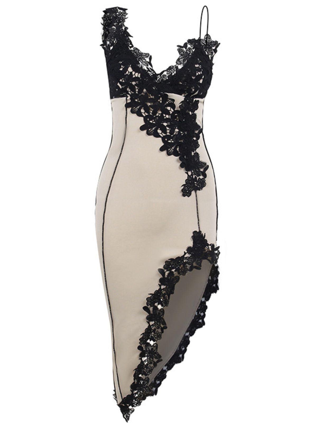 Simran asymmetric midi dress in white with black lace trim and one-shoulder detail