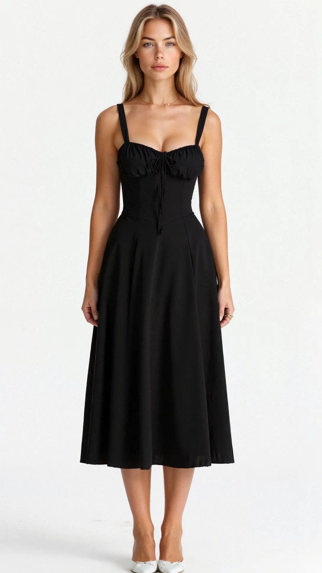 Black sleeveless midi dress with square neckline and fitted bodice, flared skirt