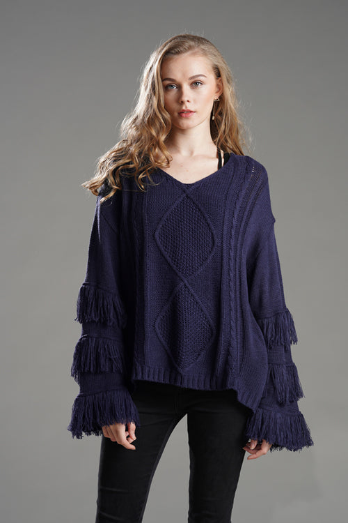 Navy tassel knit sweater with V-neck and layered fringe sleeves