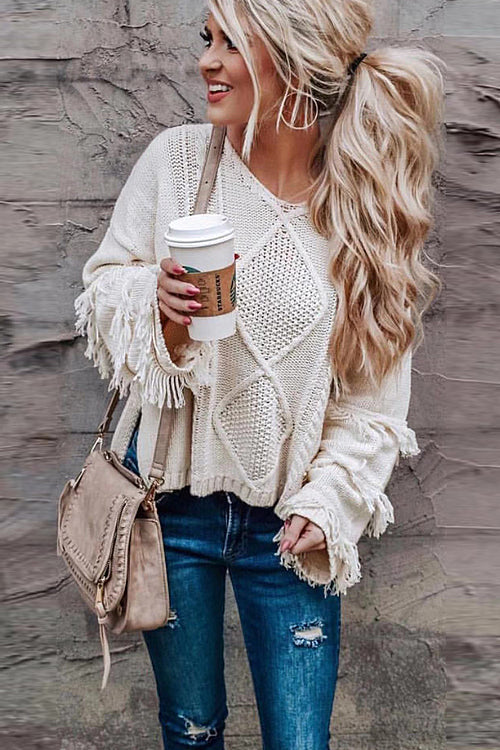 White tassel knit sweater with diamond-textured yoke and fringe trim sleeves