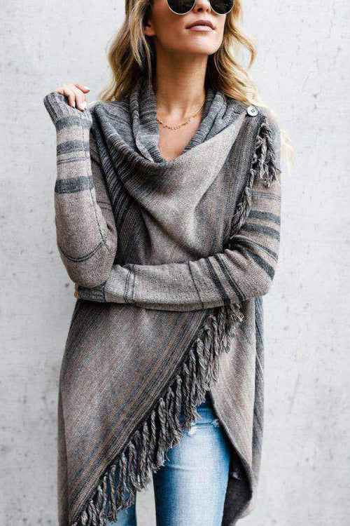 Tassel sweater coat with striped hooded neckline, grey knit and side fringe detail