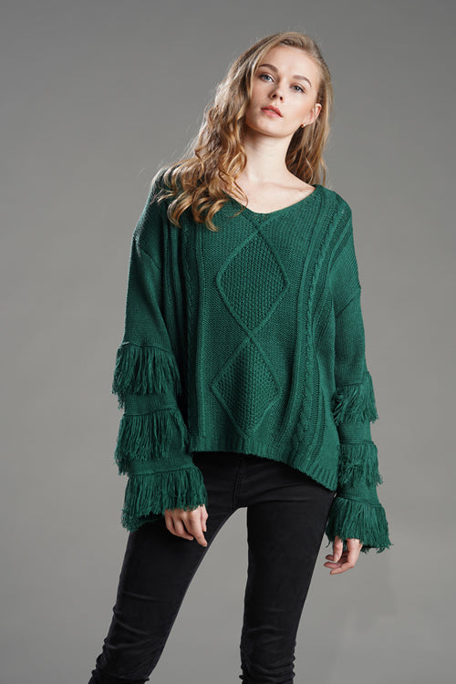 Green tassel knit sweater with diamond texture and fringe trim on sleeves