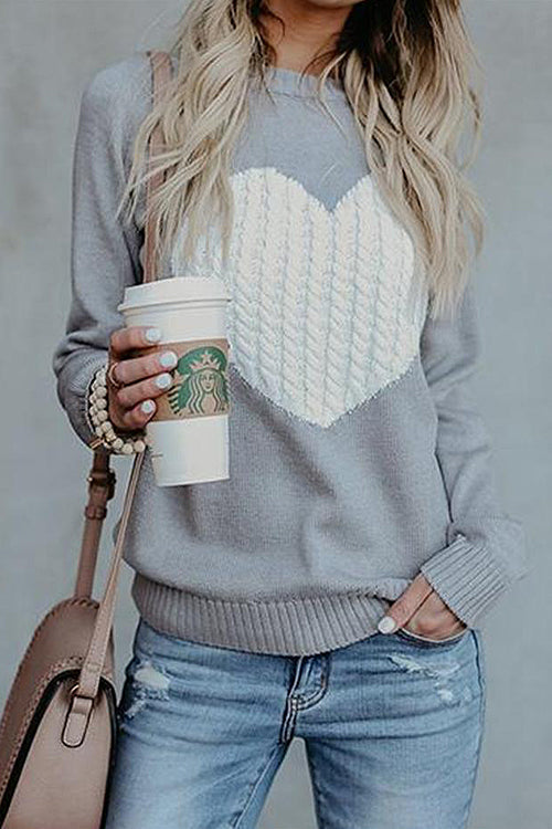 Grey knit sweater with white heart front, crew neck, long sleeves