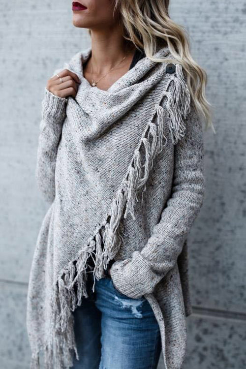 Tassel sweater coat with draped cowl neck, light grey knit and fringe trim