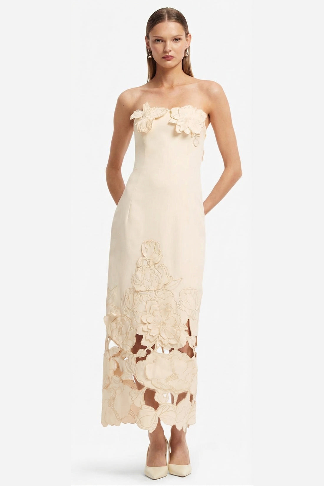 Cream strapless bodycon maxi dress with 3D floral appliques and cutout hem
