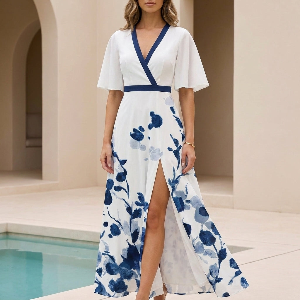 White chiffon wrap maxi dress with blue floral print, contrast V-neck and flutter sleeves.