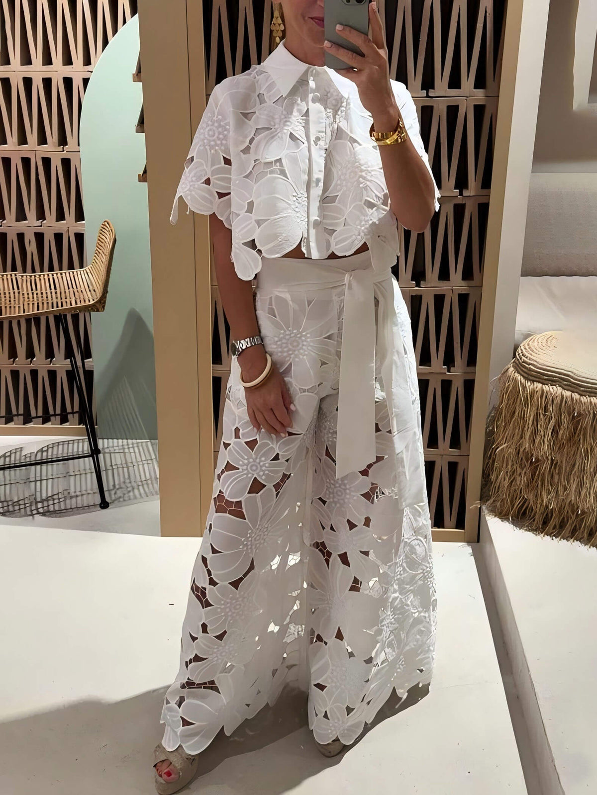 White lace cropped button-front blouse with floral cutwork short sleeves