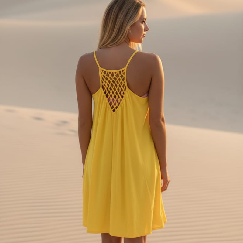 Yellow chiffon mini dress, spaghetti straps, lattice open back