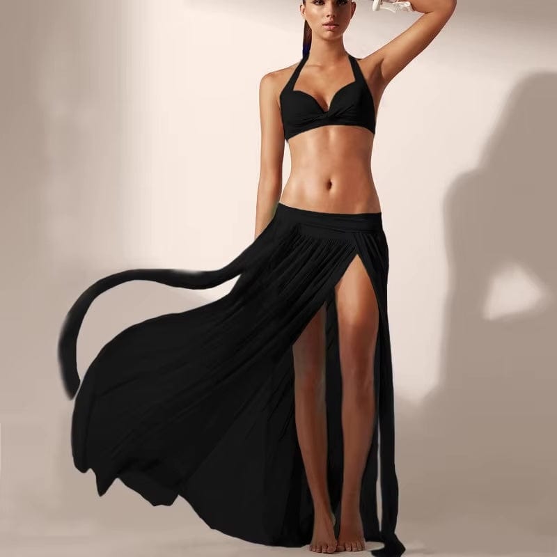 Black chiffon draped wrap maxi skirt with high slit