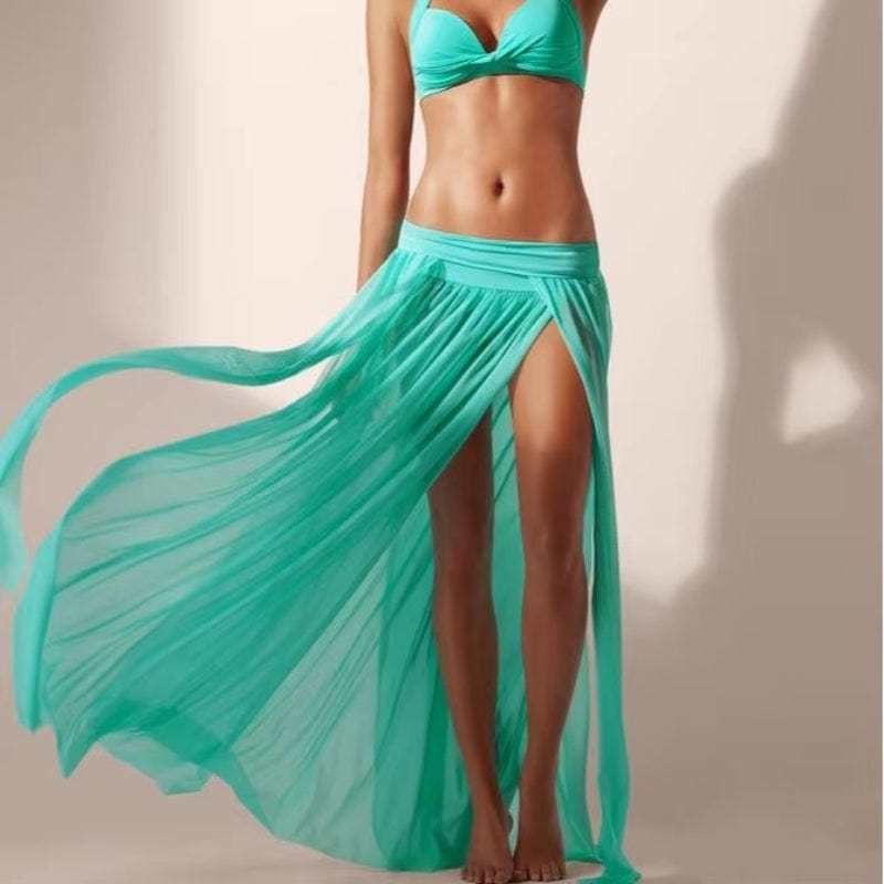 Green chiffon draped wrap maxi skirt with high slit