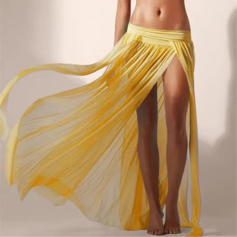 Yellow chiffon draped wrap maxi skirt with high slit