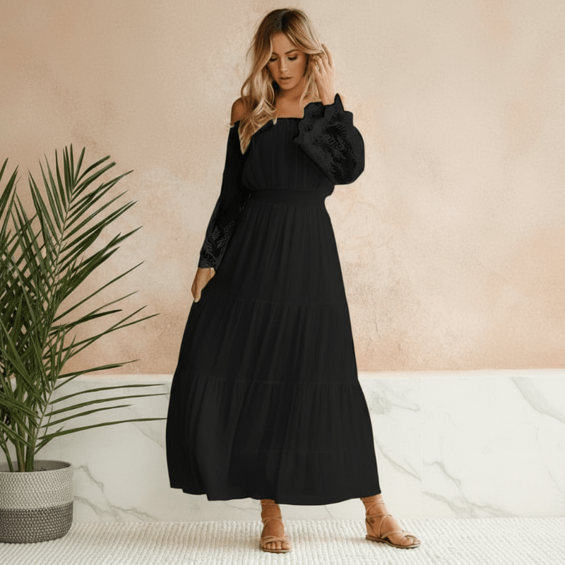 Black off-shoulder cotton maxi dress with lace sleeves and tiered skirt, long cuffs