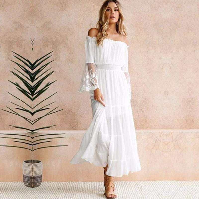 White off-shoulder boho cotton maxi dress with lace bell sleeves and tiered skirt