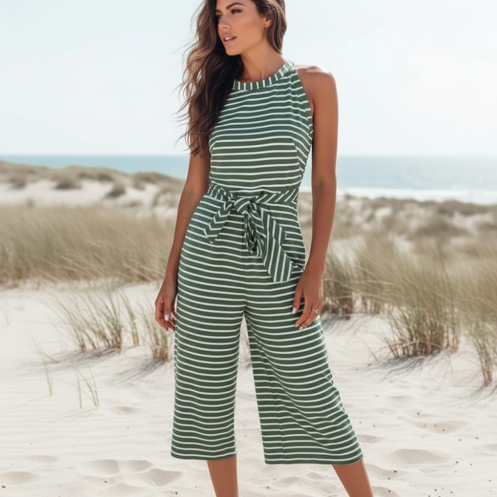 Sleeveless striped linen jumpsuit with tie waist and cropped wide legs, green-and-white stripes