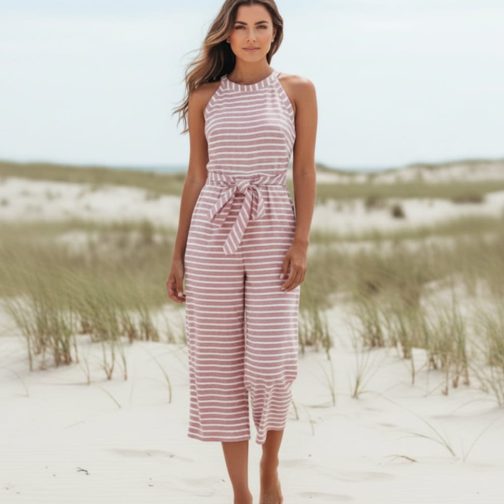 Sleeveless striped linen jumpsuit with tie waist and cropped wide legs, pink-and-white stripes