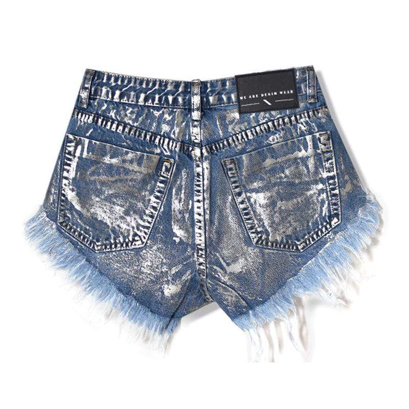 Light-wash distressed denim cutoff shorts with stud-trim and frayed edges