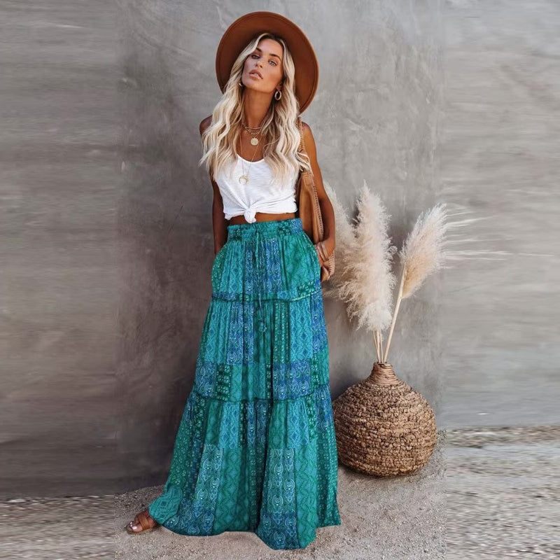 Tiered cotton maxi skirt with patchwork floral print, elastic waist, teal