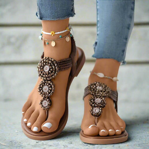 Sandals with Woven Ankle Strap — Flat Boho Thong with Beaded Floral Medallion Detail, Brown / 6
