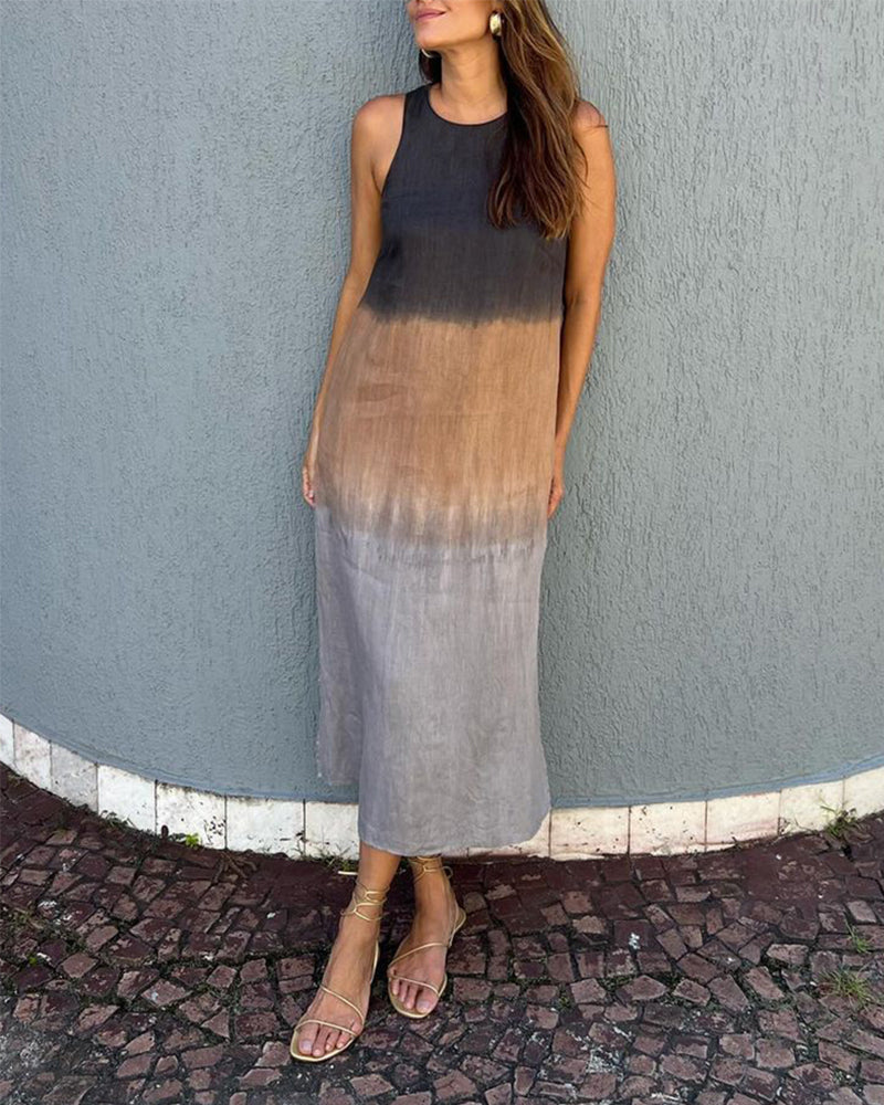 Sleeveless viscose ombre midi dress with crew neck and side slit, dark-to-gray gradient.