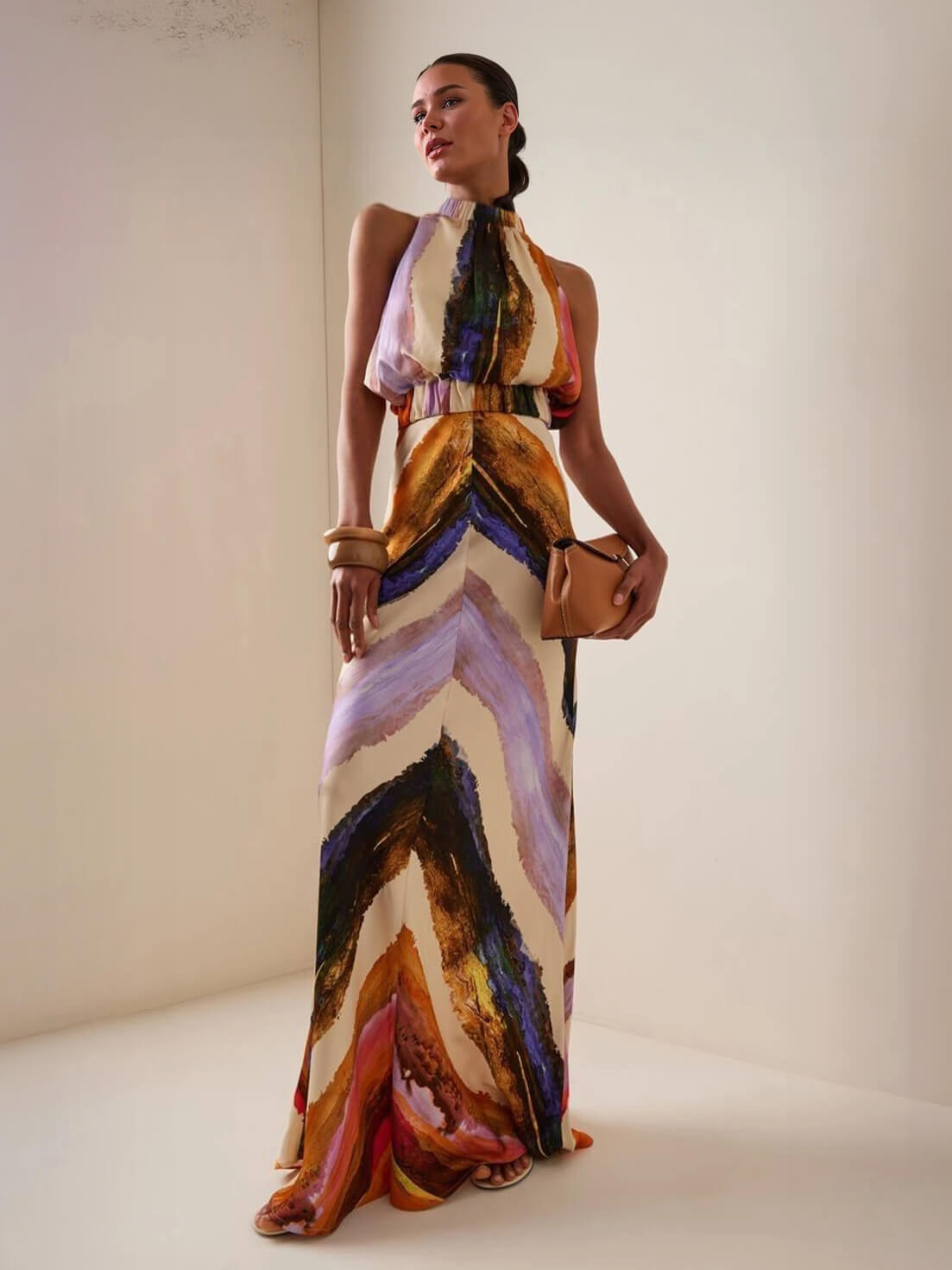 High-waist satin maxi skirt with multicolor abstract brushstroke print