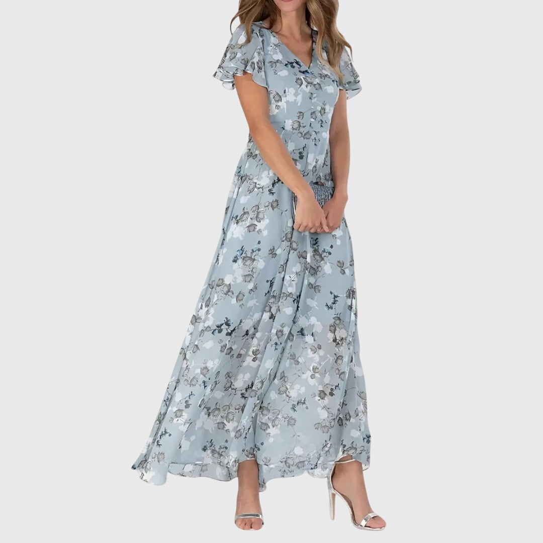 Blue floral wrap midi dress with flutter sleeves and V-neck, gathered skirt