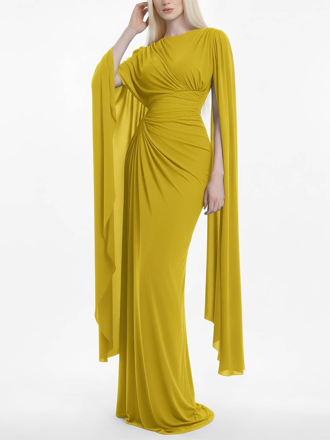 Yellow chiffon cape-sleeve maxi dress with boat neck and ruched waist