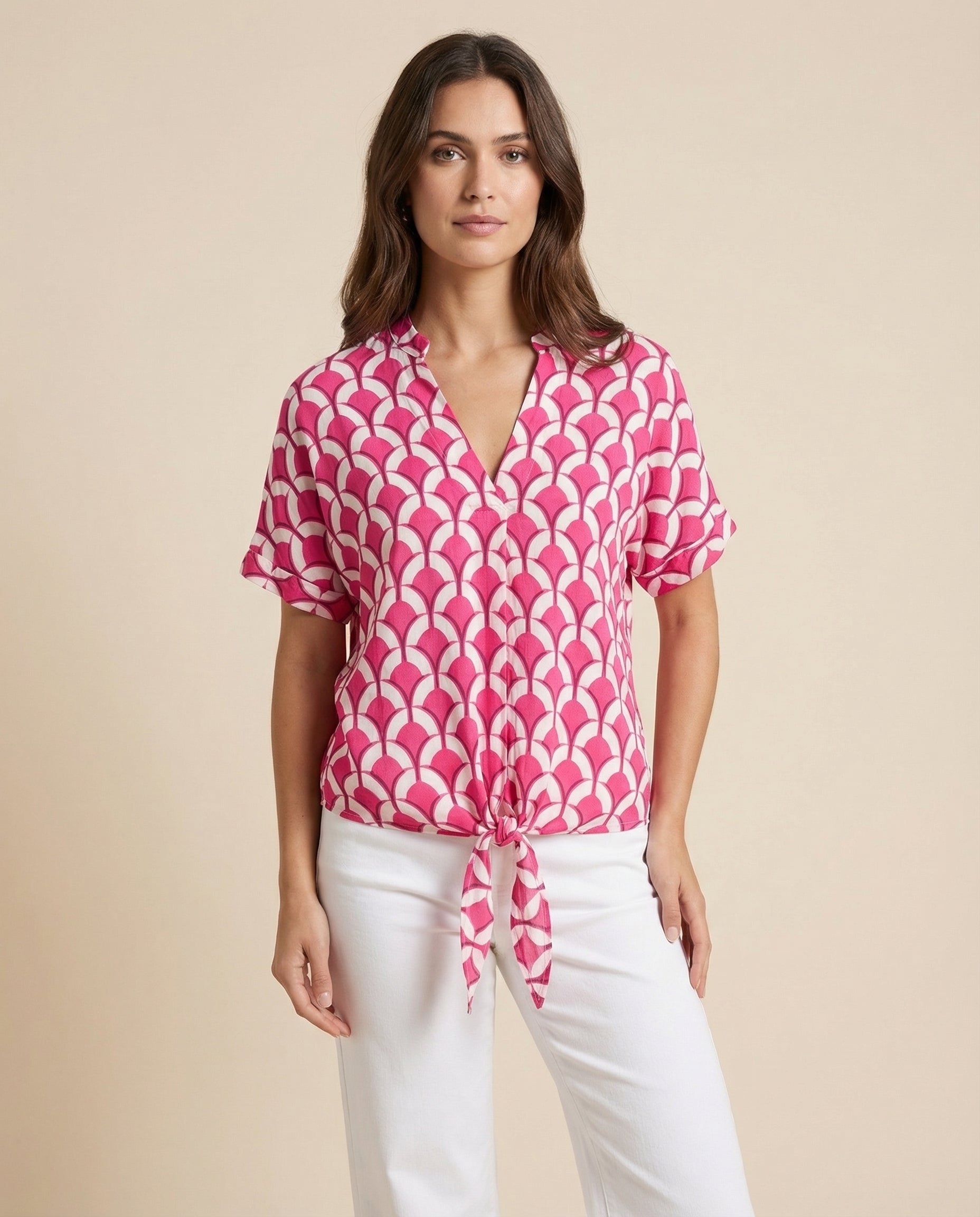 V-neck tie-front blouse with short sleeves, pink and white geometric print